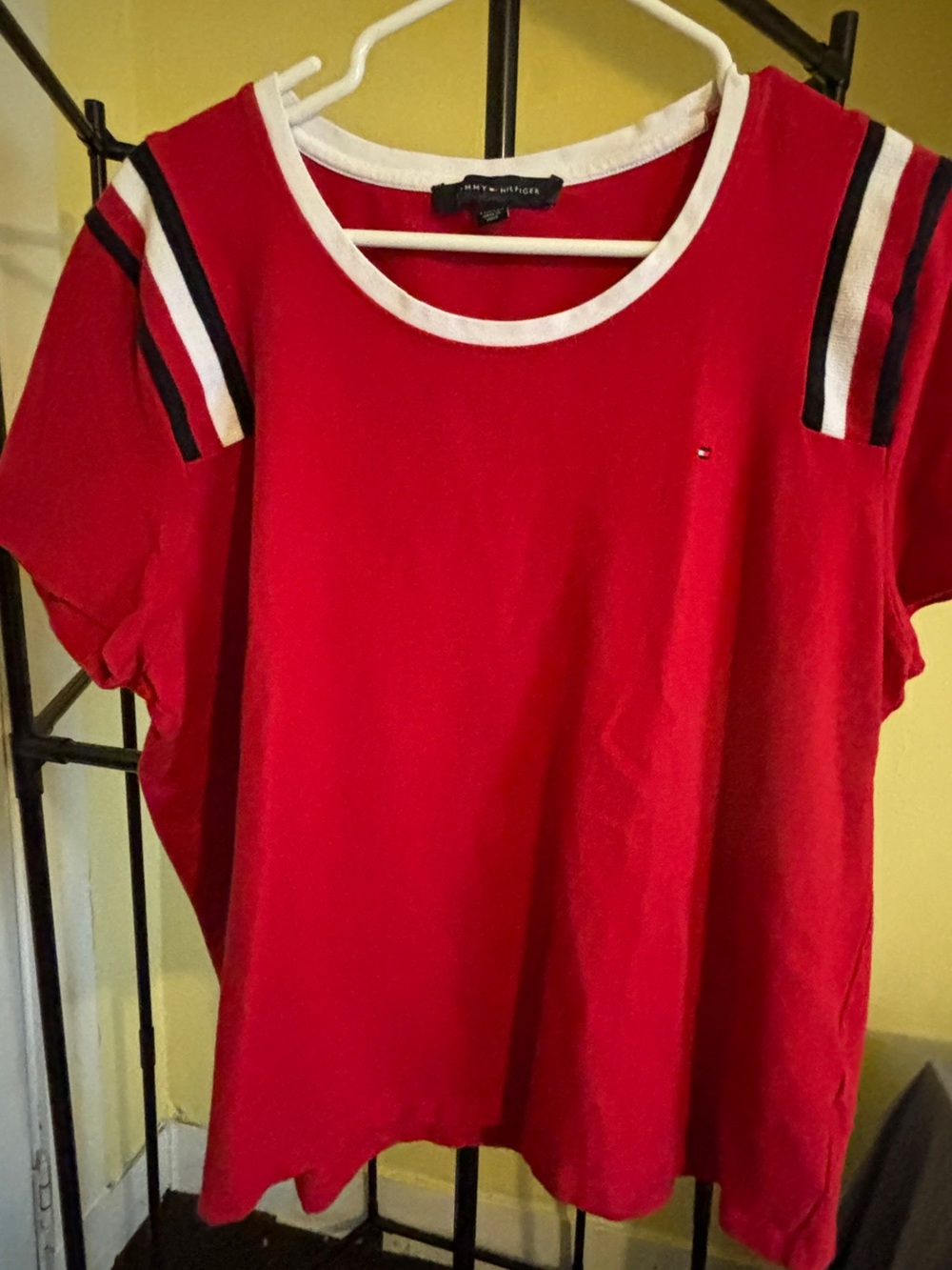 Tommy Hilfiger Red Short Sleeve Tee with Striped Shoulder Detail